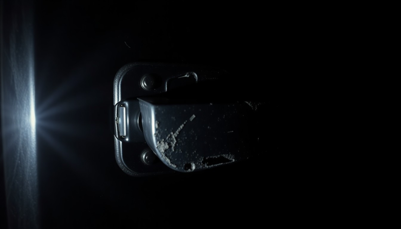 An extreme close-up photograph of a damaged armored car door handle, capturing the gritty details and stark lighting to convey the investigative nature of the crime scene.