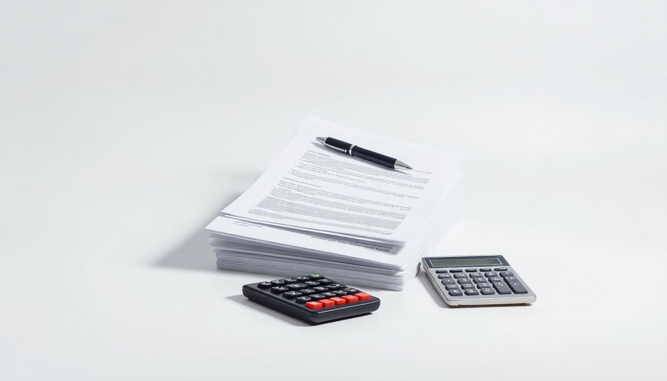 A high-end, photorealistic studio still-life photograph featuring a stack of financial documents, a pen, and a calculator arranged elegantly on a clean, monochromatic background. The objects use dramatic lighting and shadows to represent the abstract concepts of corporate strategy, finance, and regional planning.