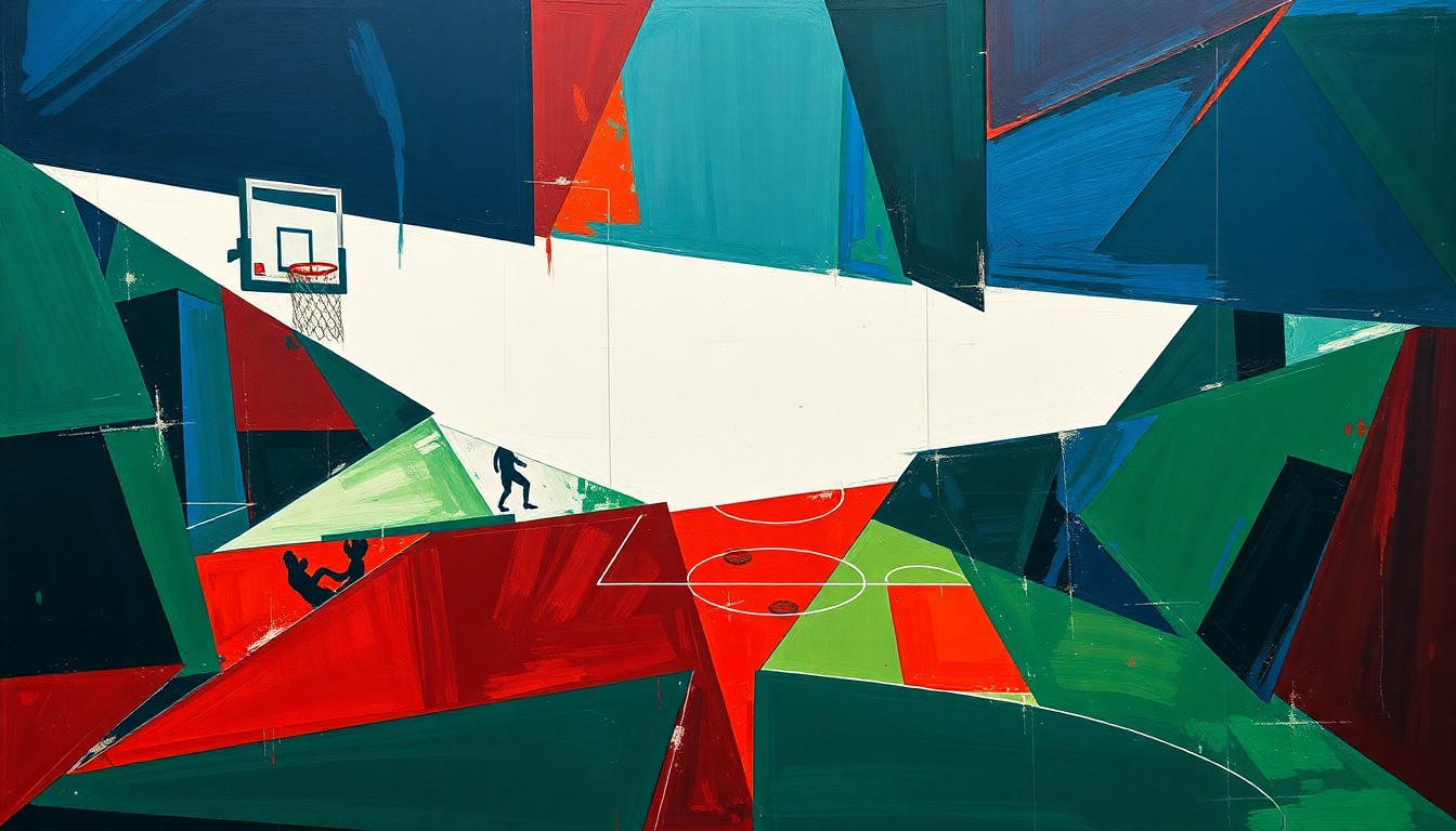 A cubist, geometric painting in shades of navy, green, and red, depicting a fragmented, multi-angle view of a basketball game, conceptually representing the intense media focus on a top draft pick's personal life.