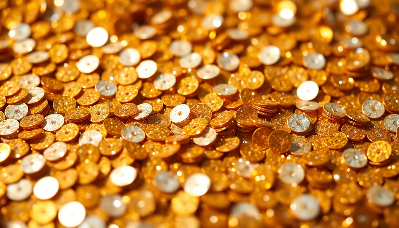 An extreme close-up photograph of shimmering gold and silver sequins, capturing the luxurious textures and high-contrast lighting of a glamorous television news celebration.
