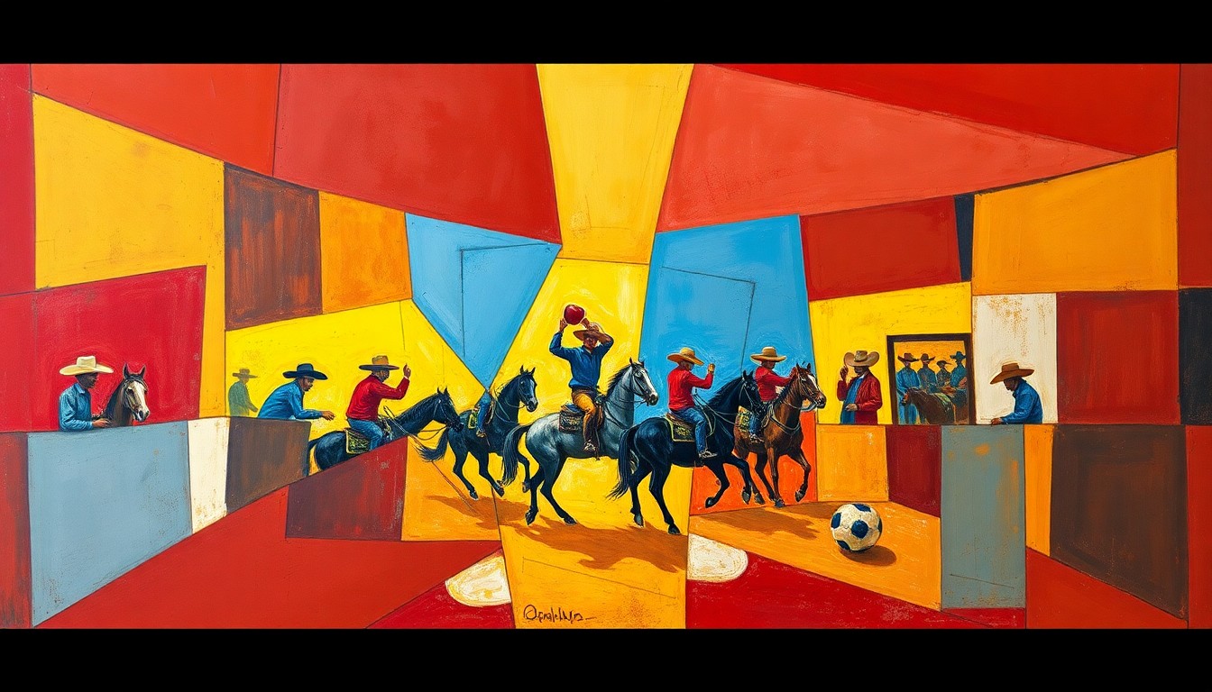 A fragmented, geometric painting depicting a rodeo scene, with overlapping planes of vibrant red, yellow, and blue colors, capturing the energy and movement of the event.