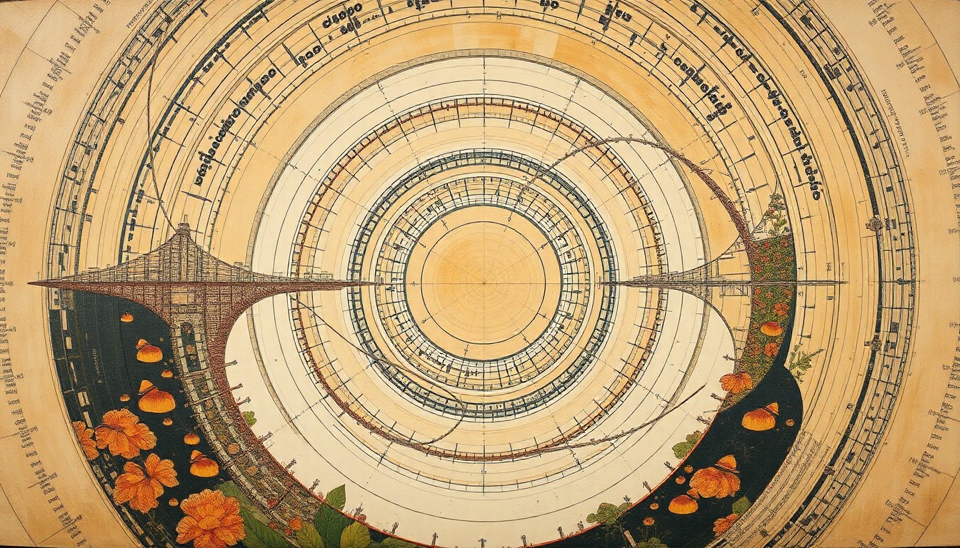 A highly structured abstract painting featuring sweeping geometric arcs, concentric circles, and precise botanical spirals in earthy tones, conceptually representing the delicate balance between urban infrastructure and natural habitats.