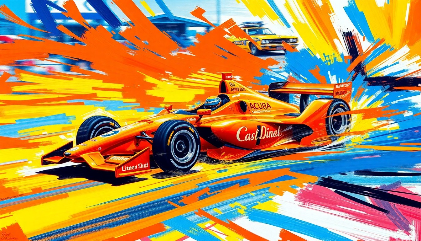 An abstract, textured painting in bright, neon colors with rapid, expressive brushstrokes, conceptually representing the high-energy and speed of INDYCAR racing at the Acura Grand Prix of Long Beach.