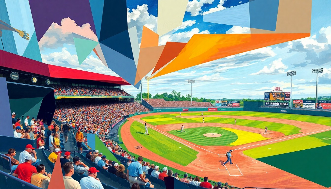 A cubist-style painting featuring overlapping geometric shapes and planes in the colors of a college baseball game, conceptually representing the strategic and competitive nature of the sport.