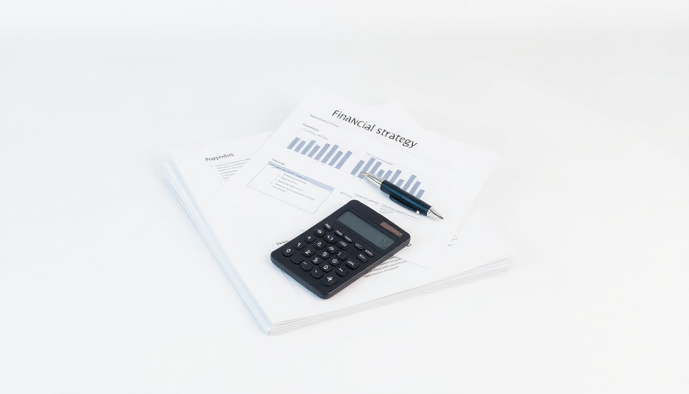 A photorealistic studio still life featuring a stack of financial reports, a calculator, and a pen arranged on a clean, monochromatic background, conceptually representing a corporate earnings report.