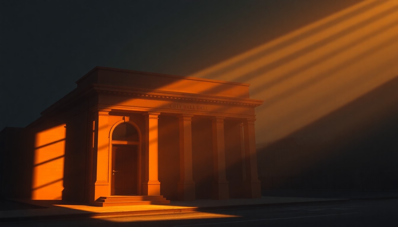 A serene, cinematic painting of a city hall building or law office, with warm sunlight streaming through the windows and deep shadows cast across the facade, conveying a sense of quiet contemplation and civic responsibility.