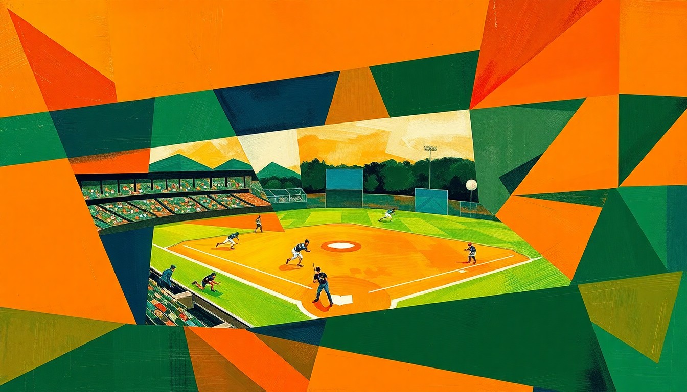 A cubist, geometric painting depicting a softball game broken down into overlapping planes of bright orange, navy blue, and forest green, conveying the dynamic energy and competitive spirit of the sport.
