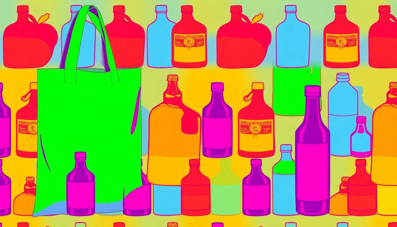 A highly stylized, abstract grid of brightly colored silkscreen images representing organic produce, natural supplements, and other lifestyle items associated with a community-focused natural grocery store, conceptually capturing the celebratory energy of a milestone anniversary.