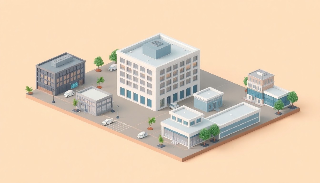 An isometric 3D illustration depicting a modern, stylized business district with a large, futuristic laboratory building at the center, surrounded by smaller office and retail structures, all floating on a pastel background and using clean, bold colors to represent the redevelopment of the Vintage Park area in Foster City.