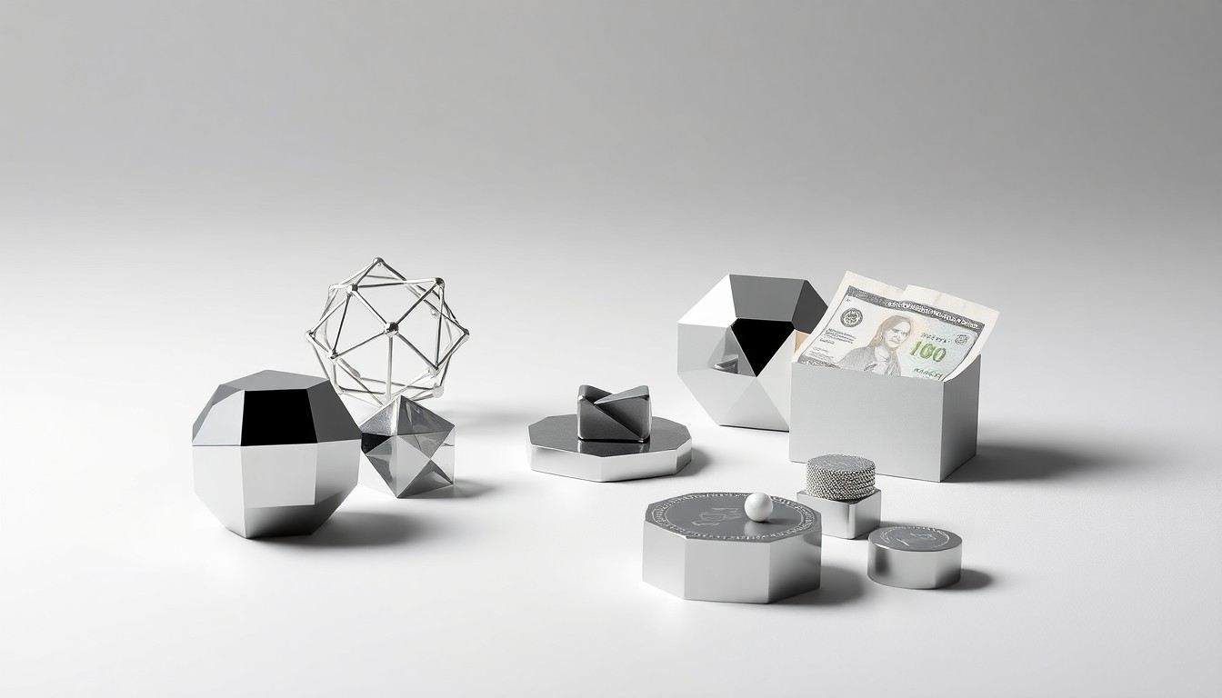 A photorealistic studio still life featuring a collection of sleek, geometric objects in polished materials, arranged elegantly on a clean, monochromatic background to symbolize the abstract concepts of quantum computing and consumer spending trends.