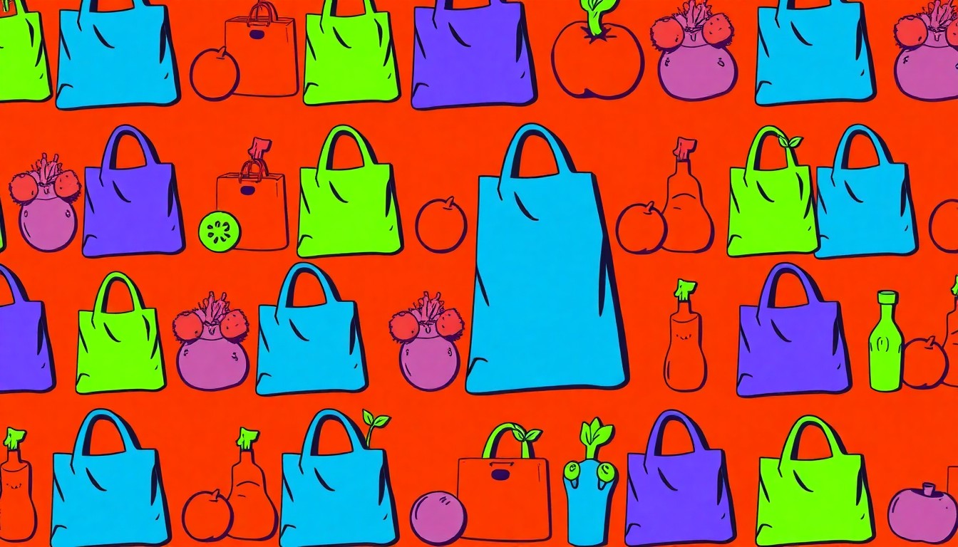 A brightly colored, high-contrast silkscreen print of reusable grocery bags and organic produce items repeated in a tight grid pattern, conceptually representing the community-driven values and sustainable retail practices of a long-standing natural foods cooperative.