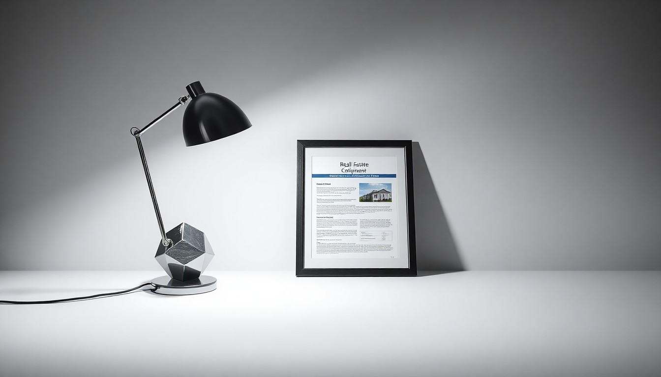 A high-end, photorealistic studio still-life photograph featuring a polished, geometric desk lamp and a framed real estate listing document on a clean, monochromatic background, representing the abstract corporate strategy and uncertainty surrounding the Nexstar-Tegna merger.