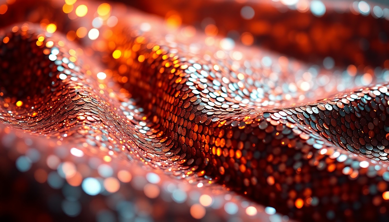 An extreme close-up photograph of shimmering, textured sequins in vibrant colors, conceptually representing the glamour and excitement of live music performances.