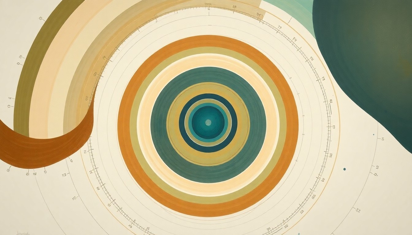 A highly structured abstract painting in soft, earthy tones of green, blue, and ochre, featuring sweeping geometric arcs, concentric circles, and precise botanical spirals, conceptually representing the interconnected forces and systems involved in cancer research and diagnostics.