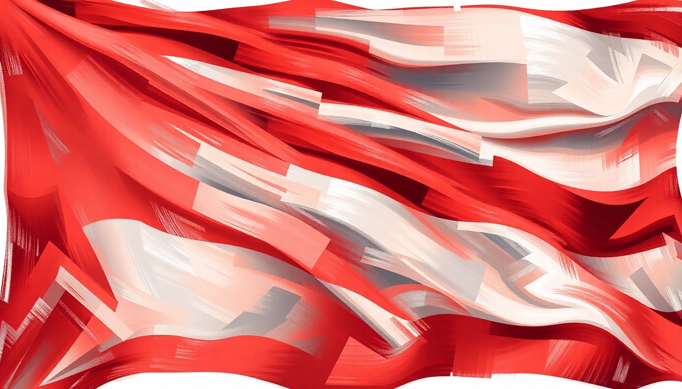 A highly stylized, abstract painting featuring the Nevada state flag in distorted, overlapping geometric shapes and waves of red and silver, conveying a sense of motion and political tension.