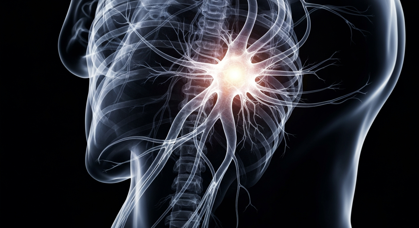 A translucent, ghostly X-ray image showing the complex neural pathways of the human nervous system, conceptually representing the debilitating effects of Multiple Sclerosis.