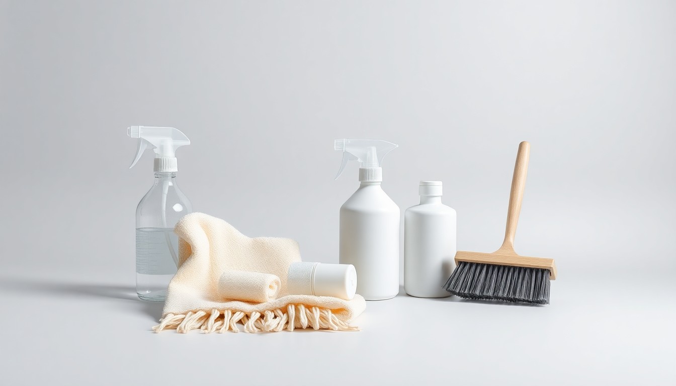 A high-end, photorealistic studio still-life photograph featuring a collection of premium cleaning supplies and tools, such as a microfiber cloth, a spray bottle, and a scrub brush, arranged elegantly on a clean, monochromatic background, conceptually representing the attention to detail and environmental responsibility of the commercial cleaning company.