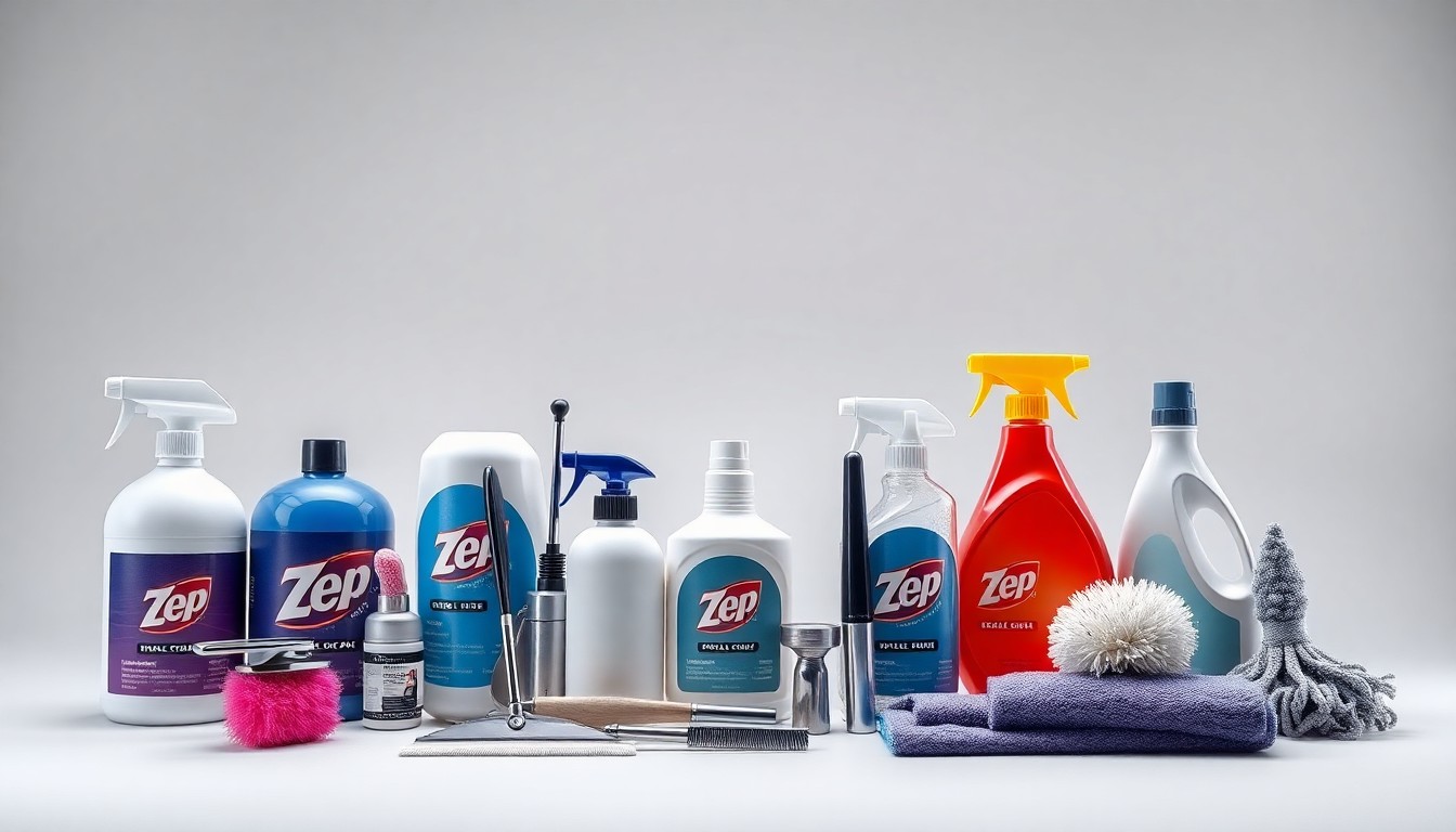 A high-end, photorealistic studio still-life photograph featuring a collection of premium, polished cleaning products and tools arranged elegantly on a clean, monochromatic seamless background, conceptually representing Zep's focus on quality, performance, and innovation in the cleaning solutions industry.