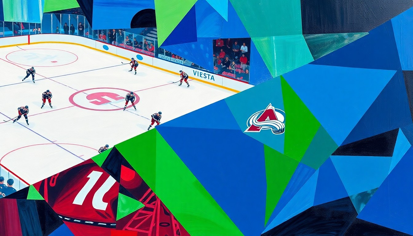 A cubist, geometric painting depicting a hockey game, with fragmented, overlapping shapes in bright blues, greens, and reds representing the players and action on the ice.