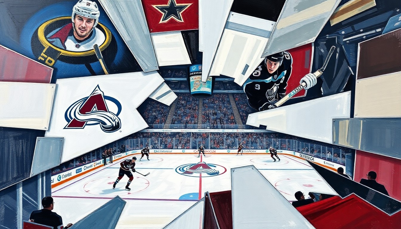 A cubist, geometric painting depicting a hockey game between the Colorado Avalanche and Seattle Kraken, with the players and action broken down into sharp, overlapping shapes and planes of color.