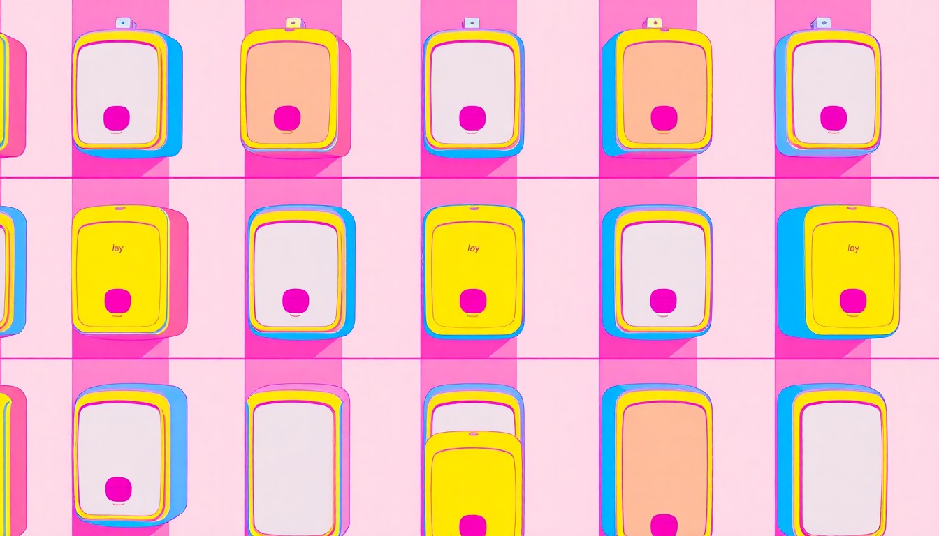 A vibrant, high-contrast silkscreen print of a restroom soap dispenser repeated in a grid pattern, conceptually representing the inclusive design upgrades to the stadium's facilities.