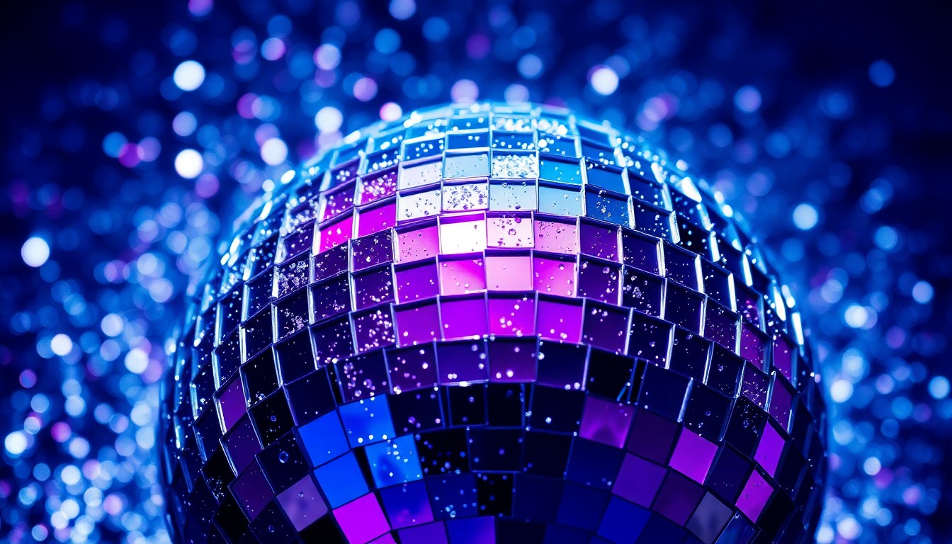 An extreme close-up photograph of shattered, glittering disco ball glass in a dramatic, high-contrast studio lighting setup, conceptually representing the glamour and energy of the Coachella music festival.