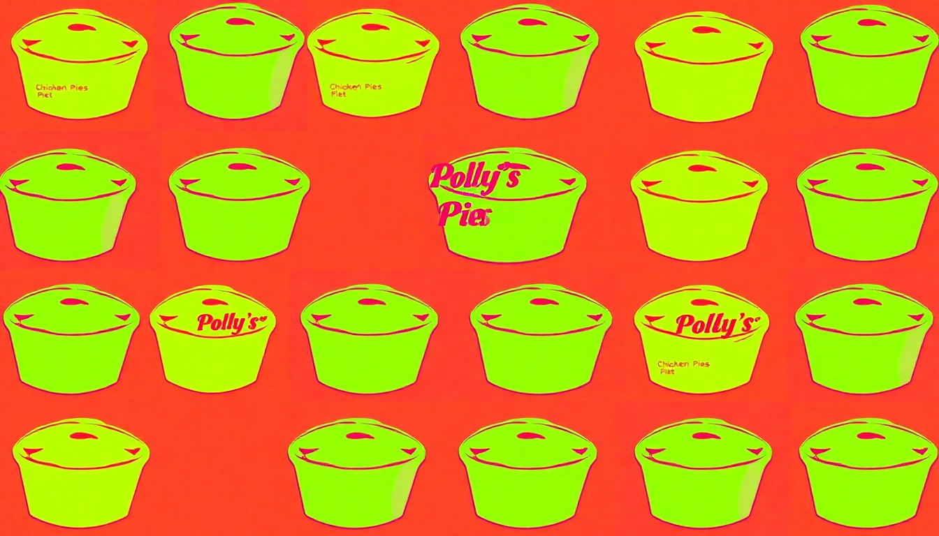 A high-contrast, silkscreen-style illustration of a Polly's Pies chicken pot pie repeated in a grid pattern, using vibrant neon colors and heavy black outlines to transform the classic comfort food item into a modern pop art piece.