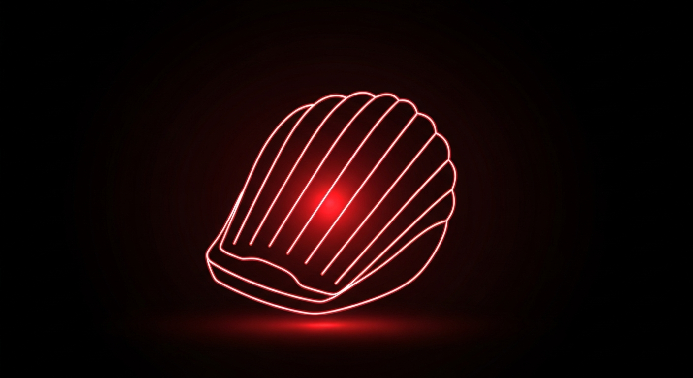 A minimalist design in the style of Keith Haring where a madeleine cookie is defined entirely by vibrant neon lines against a dark background, emphasizing the shape and energy of the food item in a conceptual way.