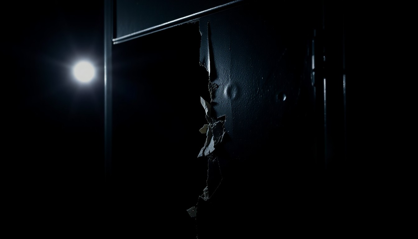 An extreme close-up photograph of a cracked and damaged school locker, conveying a sense of disruption and violence within the school environment.