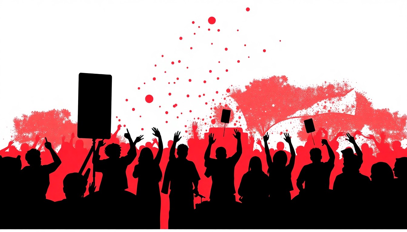 An abstract, minimalist illustration featuring bold black silhouettes of musical instruments and people dancing against a backdrop of striking red and white geometric shapes, conceptually representing the joyful energy of a community music festival.