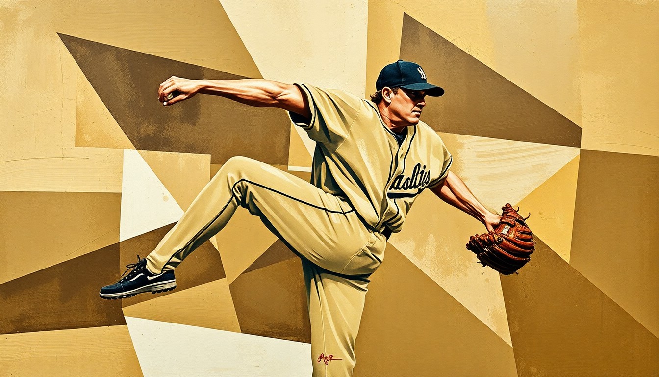 A fragmented, geometric painting depicting a baseball pitcher's motion broken down into overlapping planes of muted earth tones, conveying the dynamism of the sport.