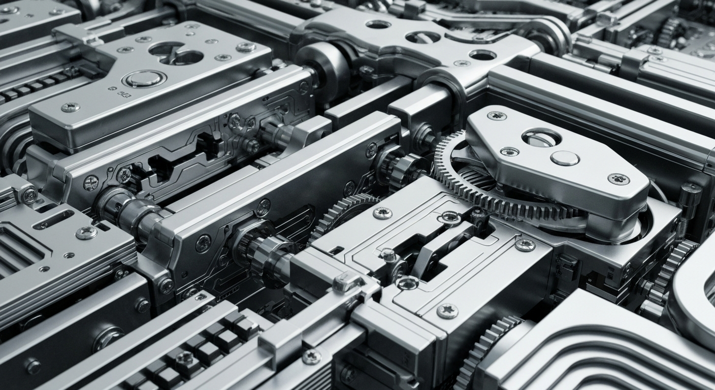 An extreme close-up of various metal and chrome banking mechanisms, gears, and circuits, representing the complex financial infrastructure that powers Flagstar Bank's operations.