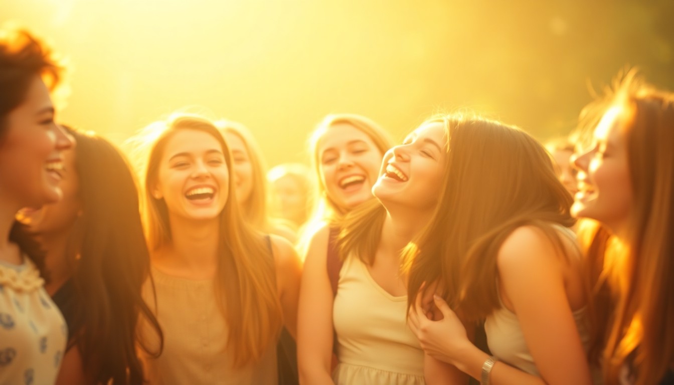 An abstracted, out-of-focus photograph in warm, hazy tones depicting a group of high school students laughing and embracing, their faces blurred but their expressions of joy and celebration clearly visible, conceptually representing the inclusive and celebratory spirit of the Prom Closet.