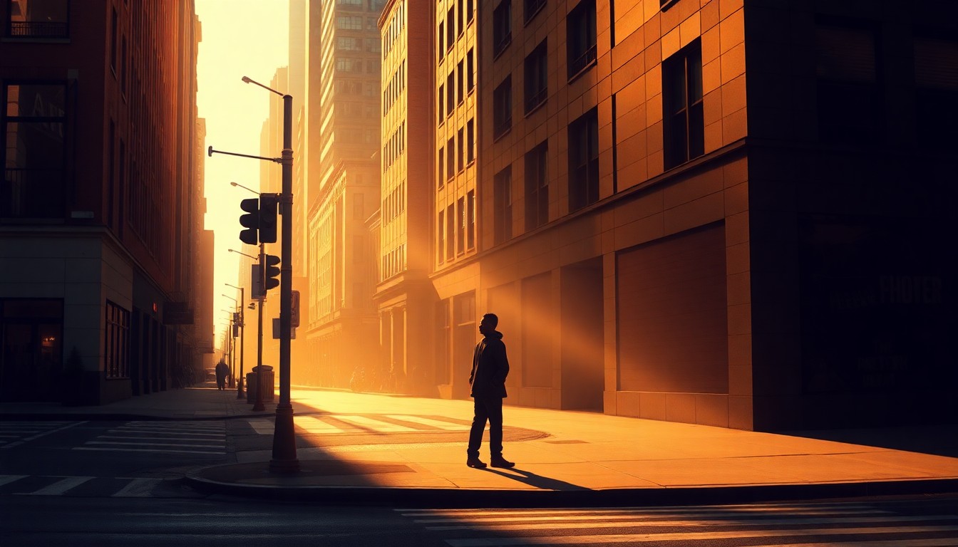 A cinematic painting of a lone figure standing on a dimly lit city street corner, the warm glow of the sun casting deep shadows across the scene and evoking a sense of quiet contemplation about the ongoing struggle for racial justice.