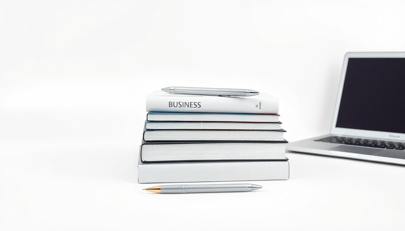 A photorealistic studio still-life photograph featuring a stack of business books, a laptop, and a pen on a clean white background, symbolizing the tools and resources available to support small business owners and aspiring entrepreneurs in Gwinnett County.