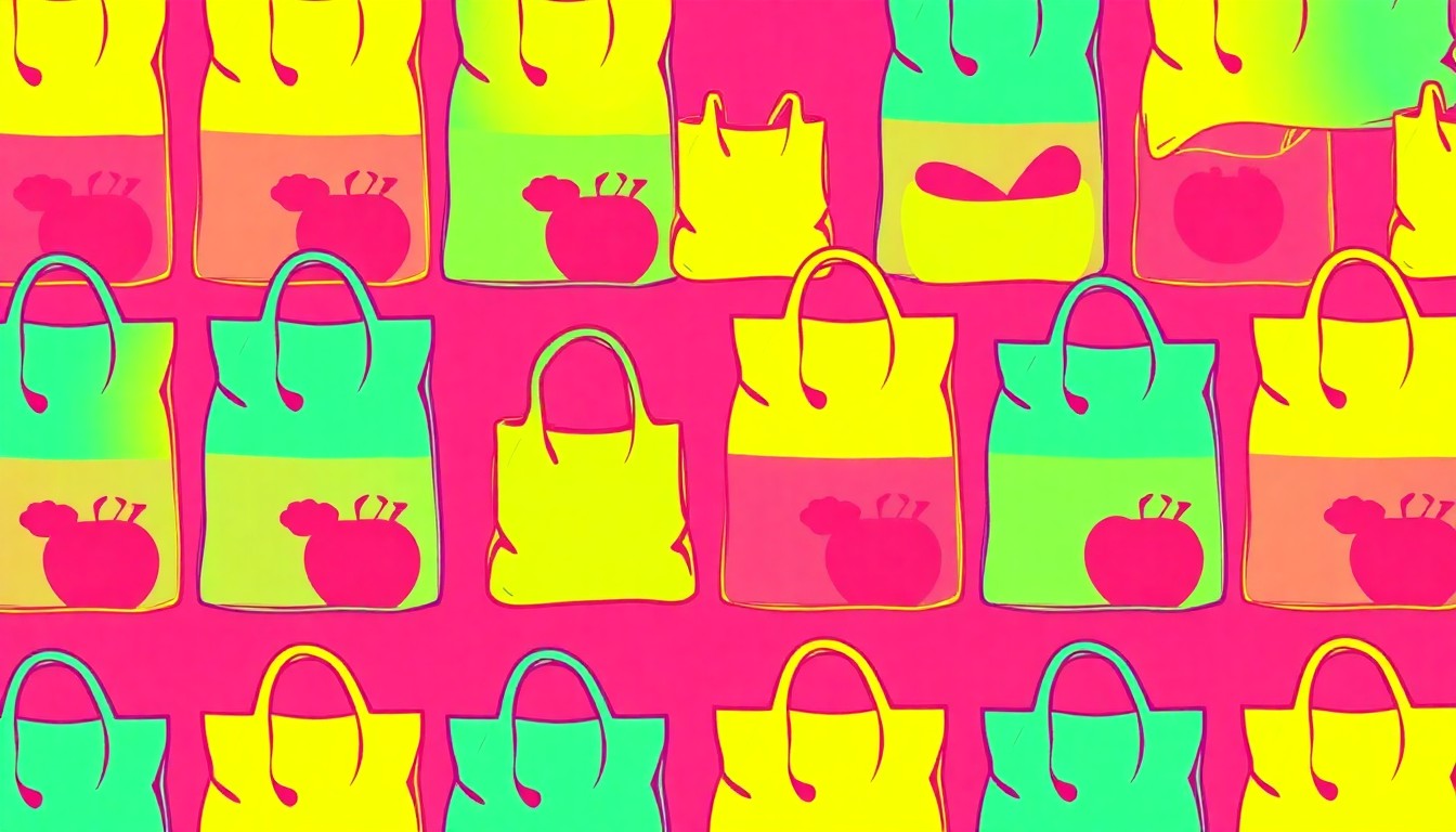 A high-contrast, silkscreen-style illustration of a reusable grocery bag or organic produce item repeated in a grid pattern, using a vibrant neon color palette to capture the celebratory energy of a community festival.