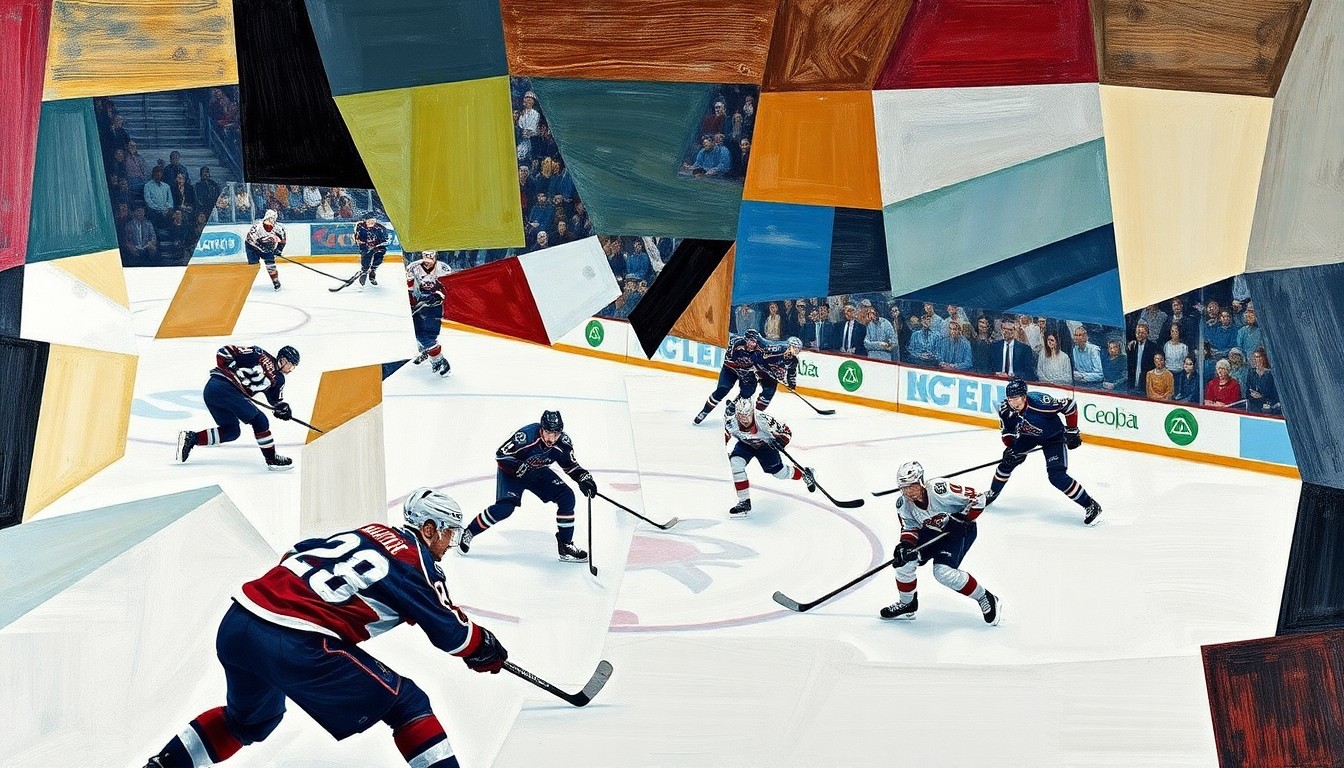 A fractured, multi-perspective painting in bold, angular shapes and planes of blue, green, and red, capturing the dynamic movement and energy of a hockey game between two teams.