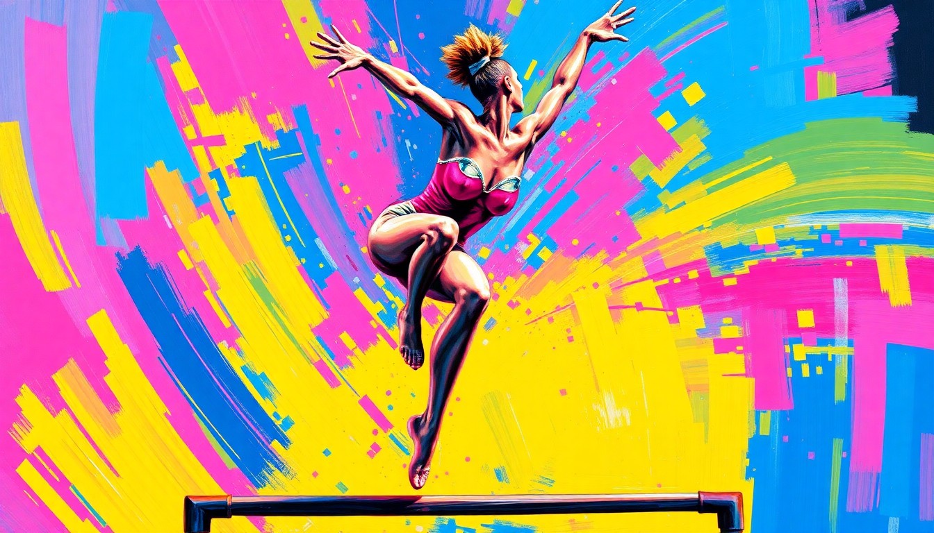 An abstract, energetic painting in vibrant neon colors capturing the dynamic movements of a gymnast performing on the uneven bars, blurring the figure into an expressive, abstract composition.