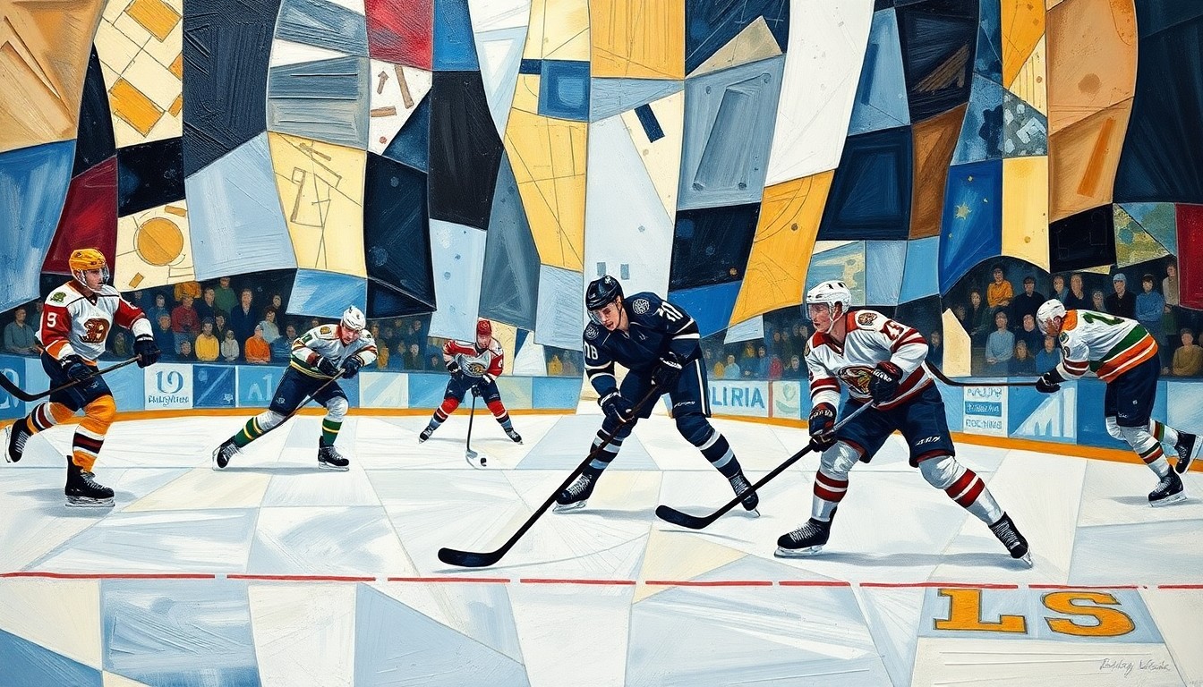 A cubist, geometric painting depicting a hockey game in progress, with players and the puck represented as fragmented, angular forms that convey the raw energy and competitive spirit of the sport.