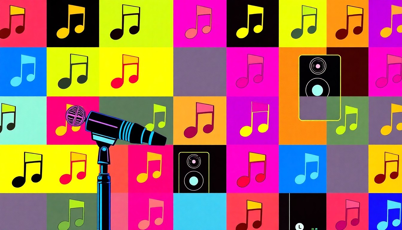 A brightly colored, high-contrast silkscreen print featuring repeated icons of a microphone, speaker, and musical note in a grid pattern, capturing the energy and celebration of a live music event.
