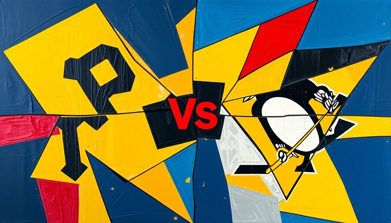 A cubist, fragmented painting depicting the action of a baseball or hockey game, with sharp, overlapping geometric shapes in a palette of navy, gold, red, and black, capturing the dynamic energy of Pittsburgh's sports scene.