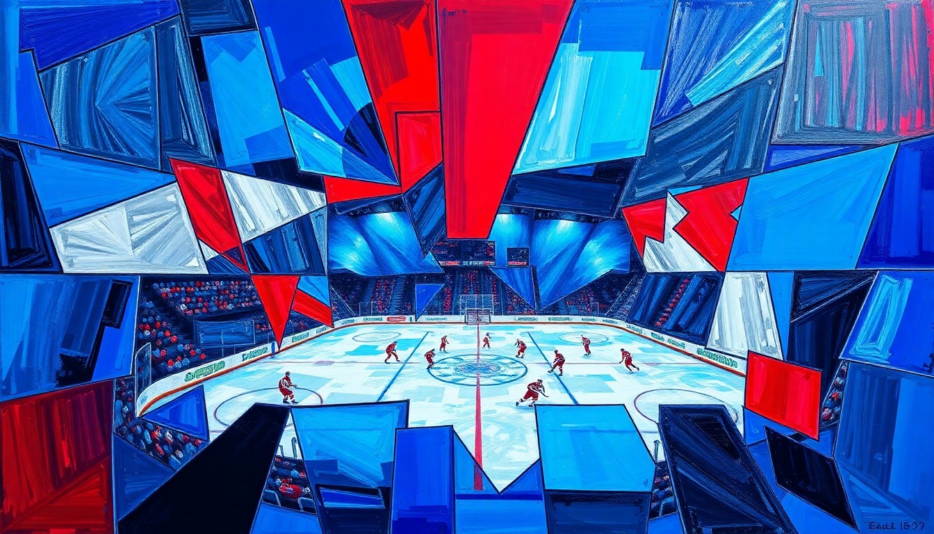 A fractured, cubist-style painting depicting the chaotic action of a hockey game, with players and the puck broken down into overlapping geometric shapes in shades of blue, red, and silver, capturing the intensity and energy of the sport.