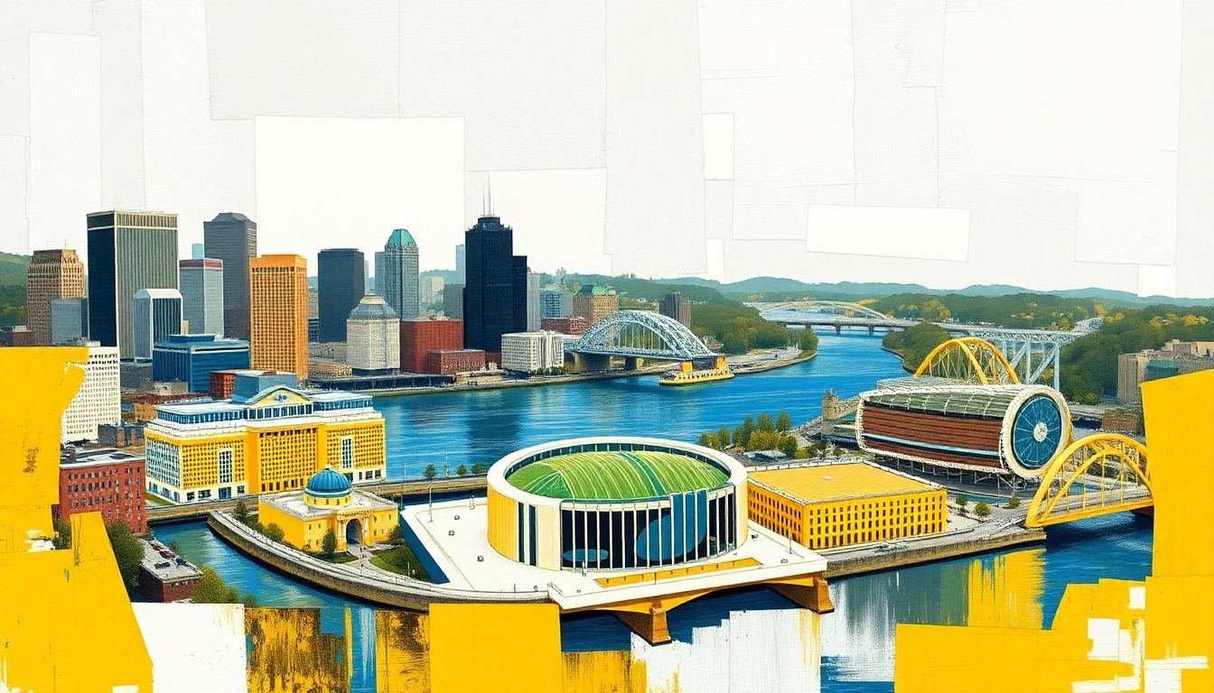 A fractured, multi-perspective painting in a cubist style, breaking down the Pittsburgh skyline, rivers, and stadium into sharp, overlapping geometric planes in shades of steel grey, river blue, and golden yellow.