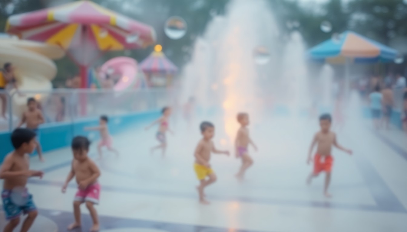 An abstract, out-of-focus photograph showing a blurred, dreamlike scene of children playing in a water park, with soft, warm pools of color and light.