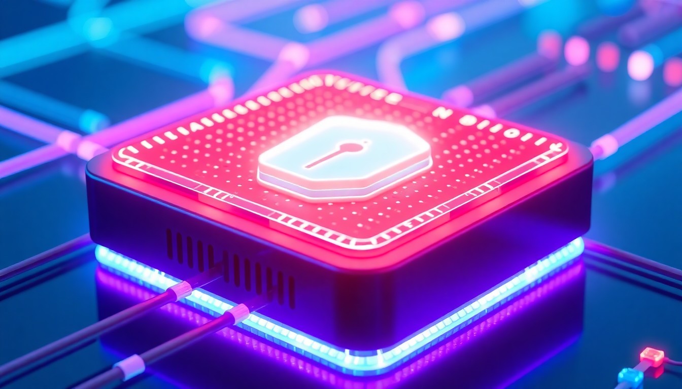 A highly detailed, glowing 3D illustration of a secure, adaptive endpoint device with neon cyan and magenta lights, representing the resilient technology infrastructure needed to maintain business continuity.