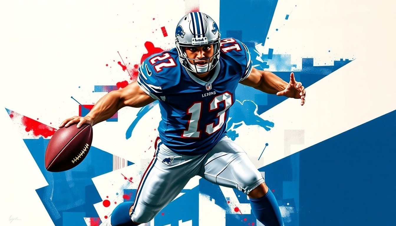 A fragmented, multi-angled painting depicting the abstract movements and positioning of a football player, rendered in a cubist style with sharp, overlapping geometric shapes in navy blue, silver, and crimson red.