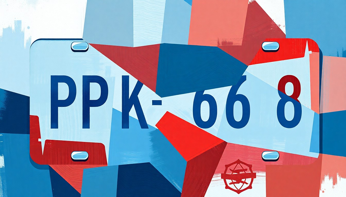 A dynamic, fragmented painting of a car license plate in shades of blue, grey, and red, conveying the political tensions surrounding undocumented driver's licenses.