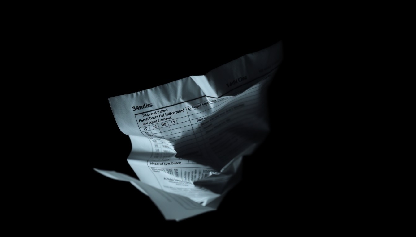 An extreme close-up of a crumpled tax document or financial ledger, lit dramatically by a harsh camera flash against a dark background, conveying a sense of investigation and uncovering hidden financial crimes.