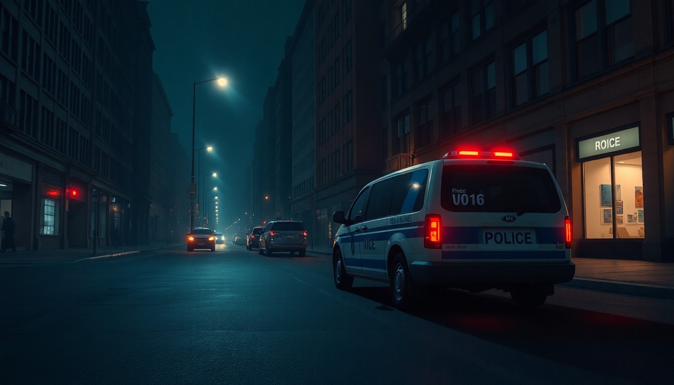 A dimly lit city street scene with a solitary government vehicle parked, the faint glow of streetlights casting long shadows across the pavement, conceptually illustrating the ethical concerns around a political candidate's use of public resources.