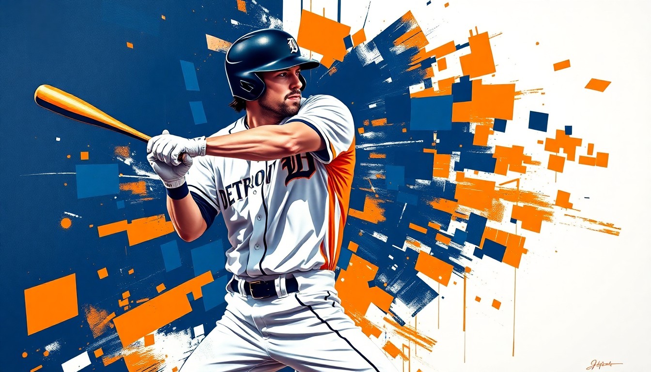 A cubist-style painting featuring overlapping geometric shapes and planes in the colors of the Detroit Tigers, conceptually representing a baseball player's swing or fielding motion.